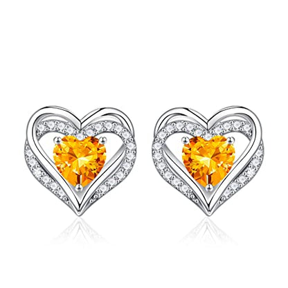 Iefil Birthstone Earrings for Women - 925 Sterling Silver Heart Stud Earrings Birthday Gifts for Women - color: 11-Nov-Created Citrine