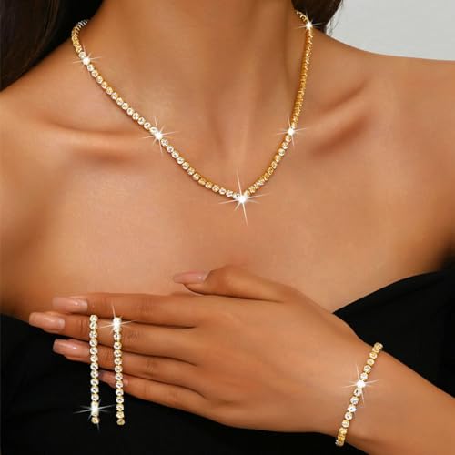 Unicra Rhinestone Bridal Wedding Jewelry Set Silver Necklace Earrings Bracelet Sets Prom Formal Costume Jewelry Sets for Women and Brides - color: Gold