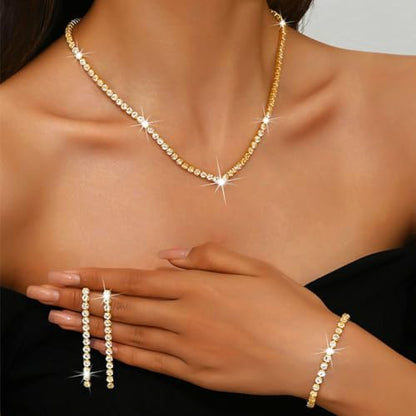 Unicra Rhinestone Bridal Wedding Jewelry Set Silver Necklace Earrings Bracelet Sets Prom Formal Costume Jewelry Sets for Women and Brides - color: Gold