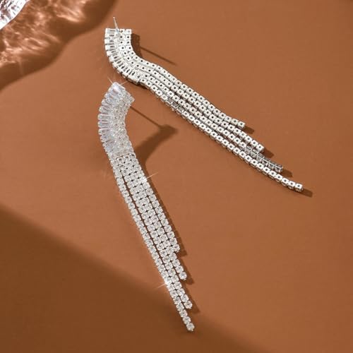 Gold Rhinestone Tassel Dangle Earrings for Women,Long Sparkly Crystal Statement Earring,Trendy Bridal Wedding Prom Jewelry Accessories - color: Silver