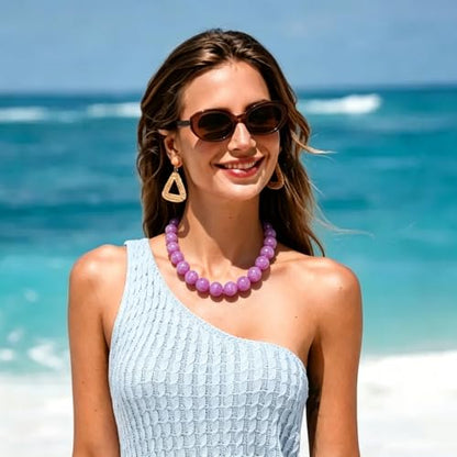 Chunky Necklaces for Women Trendy 20MM Large Resin Beaded Necklace Bold Statement Chunky Choker Necklace Boho Beads Summer Beach Jewelry - color: Purple