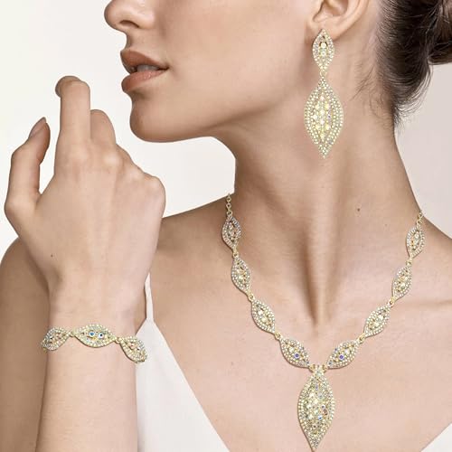 Flyonce Wedding Jewelry Set Rhinestone Crystal Bridal Leaf Necklace Drop Dangle Chandelier Earrings Sets for Women - color: Iridescent Clear AB Gold-Tone