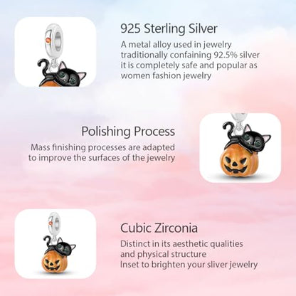 925 Sterling Silver Charms for Bracelets and Necklaces Lipstick and Perfume High Heels Dangle Pendants Heart Butterfly Bead Charms Halloween Christmas Gift for Womens - style: Black Cat Pumpkin Charm