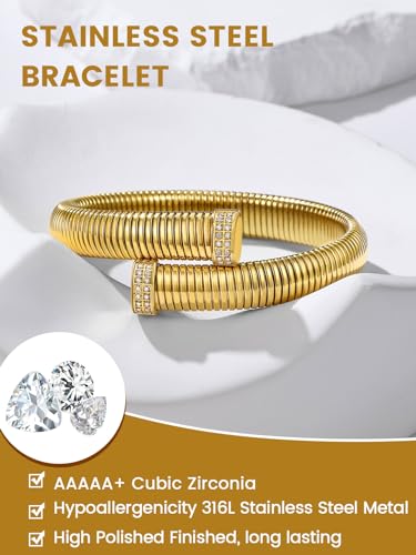 KeyStyle Bangle Bracelets For Women, Stainless Steel Stretch Bracelet Wide | 14K Gold/Rose Gold/Black/Silver Plated Flexible Wide Twisted Link Chain Wristband Jewelry, 10Mm, 16Mm, 20Mm - color: 10mm - CZ - Gold