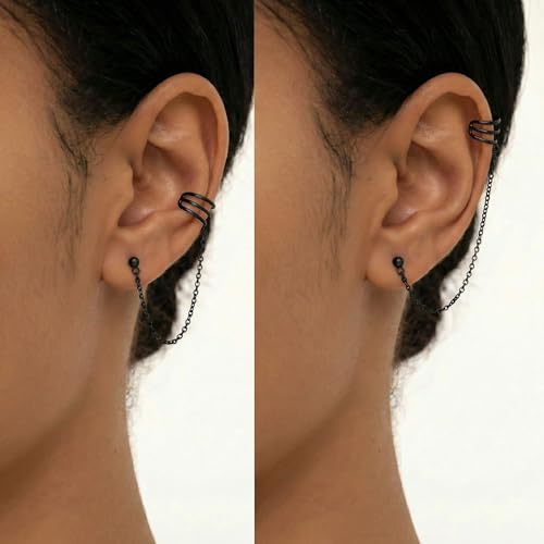 SLUYNZ 925 Sterling Silver Cuff Earrings Chain for Women Crawler Earrings Studs - color: D-Black Gold Plated