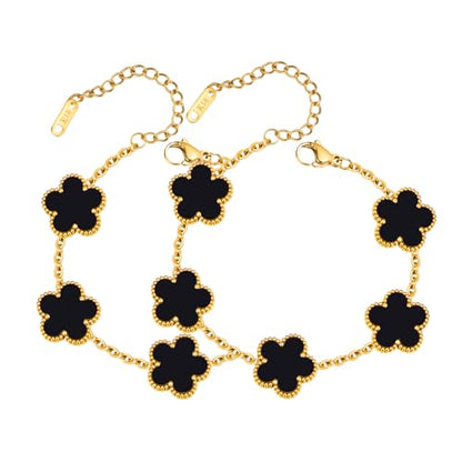 Women Gold Bracelets Jewelry Set - 3Pcs 18K Gold Plated Floral Bracelet,Stainless Steel Charm Bracelet Non-Tarnish,Adjustable Lucky Chain Trendy Gift,Christmas Valentines Birthday Gifts for Girlfriend - style: Black-2pcs