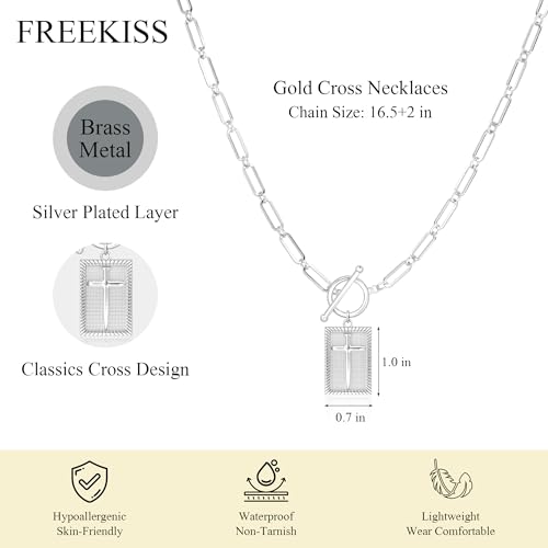 Freekiss 3-Piece Layered Toggle Necklace for Women | Gold/Silver necklace set with herringbone, rope, and paperclip chains plus a toggle clasp for layering, parties, and gifts - color: Silver Cross Necklace