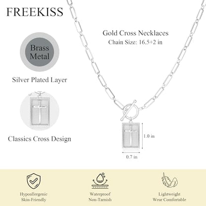 Freekiss 3-Piece Layered Toggle Necklace for Women | Gold/Silver necklace set with herringbone, rope, and paperclip chains plus a toggle clasp for layering, parties, and gifts - color: Silver Cross Necklace