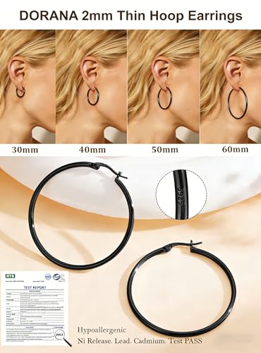 2mm Thin 14K Gold Plated Large S925 Sterling Silver Hoop Earrings for Women Hypoallergenic Big Hoop Non Tarnish Earrings Lightweight 20/30/40/50/60/70mm - color: Black-40mm