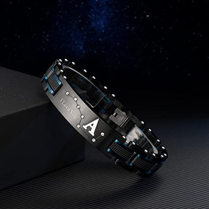 Men's Bracelet, Black and Blue Ion Stainless Steel, Initial Curved Plate, Gift for Boyfriend, Husband, Father, Comes with Gift Box - color: blue-blackL