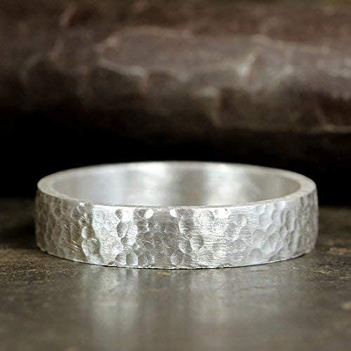 925 Sterling Silver Wedding Ring Hammered Flat Pipe Cut Textured Thick & Durable Handmade Unisex Mens & Women Rustic Engagement Promise Band - US Size 4-13 - Custom Engraving - color: 01 - 5mm Silver