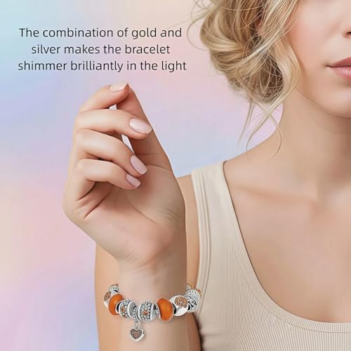 Pink Hearts Silver Plated Charm Bracelet, DIY Jewelry for Women with Beads, Charms, and Adjustable Snake Chain, Fits 7.5"+1.5" - color: Gold, size: 18cm