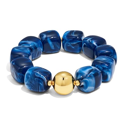 WOWORAMA Chunky Beaded Bracelets for Women Colorful Large Square Beads Bracelet Boho Acrylic Resin Stretch Bracelets Statement Chunky Bracelet Summer Jewelry - color: Square-Navy Blue