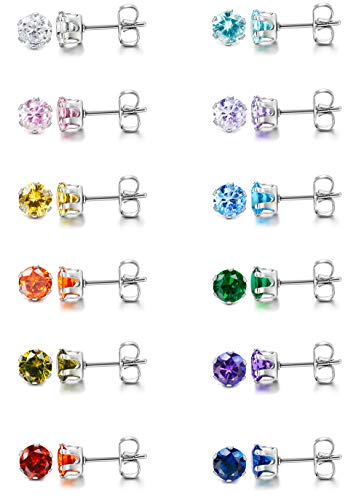 LOYALLOOK 12 Pairs Stainless Steel Cubic Zirconia Stud Earrings, Brilliant Cut Round CZ Earrings set, Birthstone Stud Earrings for Women - style: 2#: 3mm 12 pairs