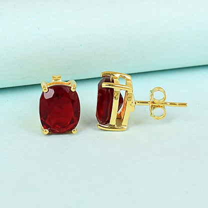Women's 18K Gold Plated 8x10mm Princess Cut Gemstone Stud Earrings – Birthstone Jewelry for Her – Classic Cushion Studs - color: Garnet