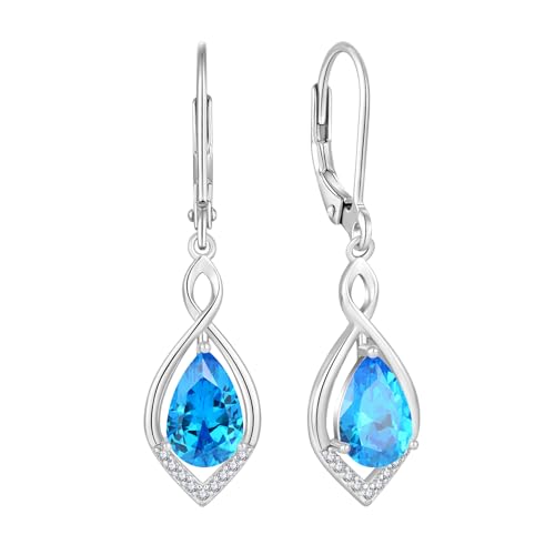 Infinity Teardrop Earrings 925 Sterling Silver Dangle Drop Leverback Earrings Birthstone Jewelry for Women - color: Sea Blue