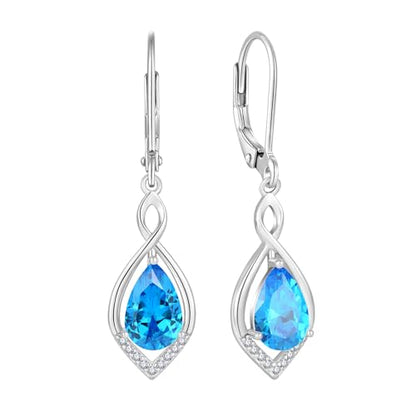 Infinity Teardrop Earrings 925 Sterling Silver Dangle Drop Leverback Earrings Birthstone Jewelry for Women - color: Sea Blue