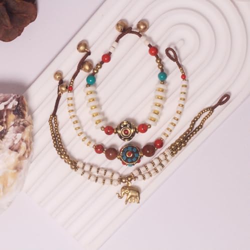 Petite Adjustable Boho Bracelet for Small Wrists 6-7.5 Inch - Handmade Nepalese Buddhist Prayer Bracelet with Elephant Charm, Brass Bell, Turquoise Stone & Tibetan Mantra Beads, Spiritual Lucky Gift - color: White-3Pcs