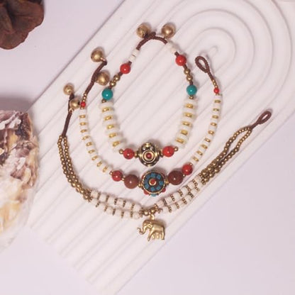 Petite Adjustable Boho Bracelet for Small Wrists 6-7.5 Inch - Handmade Nepalese Buddhist Prayer Bracelet with Elephant Charm, Brass Bell, Turquoise Stone & Tibetan Mantra Beads, Spiritual Lucky Gift - color: White-3Pcs