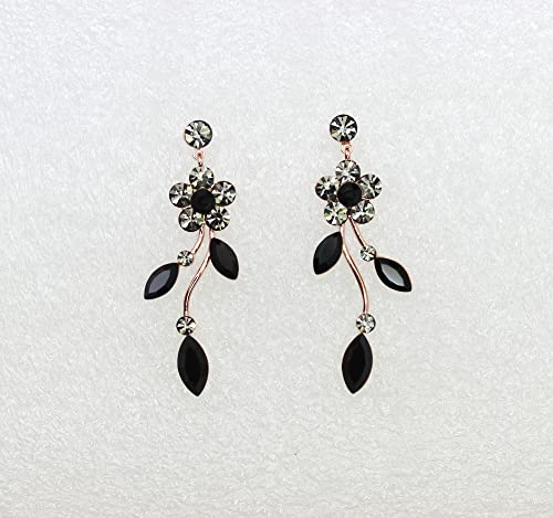 Faship Gorgeous Rhinestone Crystal Floral Necklace Earrings Set - color: Black / Rose Gold Plated
