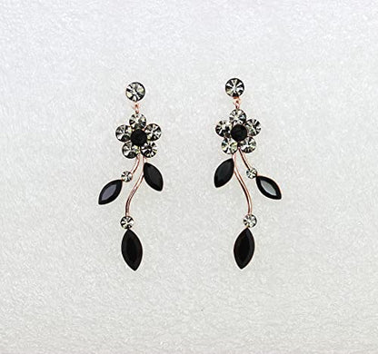 Faship Gorgeous Rhinestone Crystal Floral Necklace Earrings Set - color: Black / Rose Gold Plated