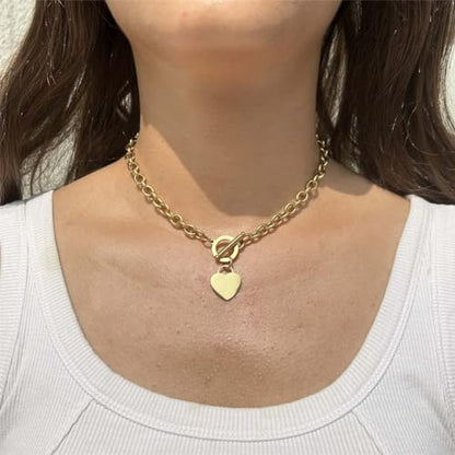 WangGao Elegent Love Stainless Steel Link Chain Blank Heart Charms Necklace for Women Toggle Clasp Closure - color: Gold, size: 15.74inches