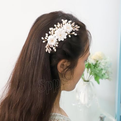 Fancy White Flower Bride Wedding Hair Comb, Handmade Pearl Rhinestone Hair Accessory for Bridal Women (Gold with 3 Flowers) - color: Style 1(with 3 Flowers)