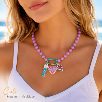 LIU JUN Colorful Beaded Necklace for Women, Chunky Boho Fish Starfish Conch Pendant Acrylic Bead Necklaces Cute Y2K Summer Beach Jewelry Gifts - color: Love+Fish