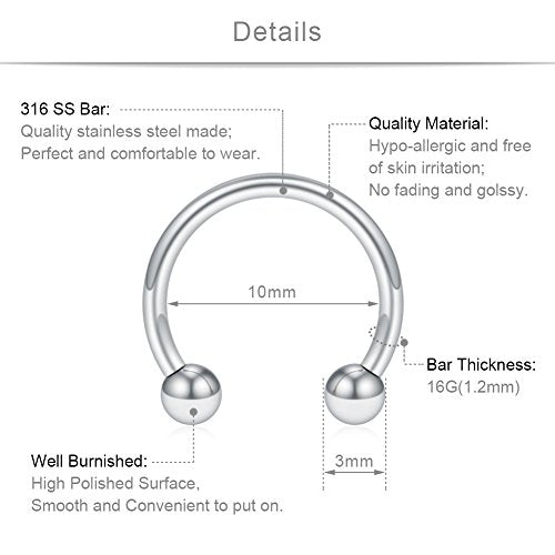 SCERRING 12PCS 316L Stainless Steel 16G Circular Barbells Eyebrow Lip Ear Tragus Horseshoe Hoop Rings 6-12mm - style: 10mm w Balls