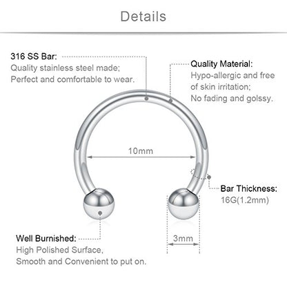 SCERRING 12PCS 316L Stainless Steel 16G Circular Barbells Eyebrow Lip Ear Tragus Horseshoe Hoop Rings 6-12mm - style: 10mm w Balls
