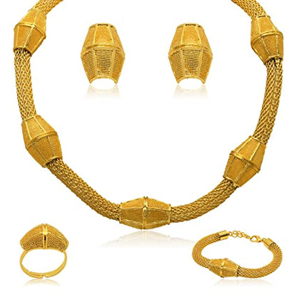 indian Women Jewelry Necklace Set african Dubai Bride Wedding Prom Fashion Jewelry 24K Gold Plated Necklace Bangles Rings Earrings - color: S-202
