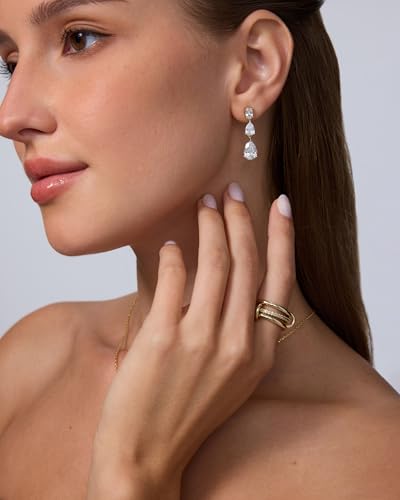 PAVOI 14K Gold Plated Cubic Zirconia Dangle Earrings for Women - Crystal Long Linear Bridal Drop Earrings - Cluster CZ Pearl Simulated Diamond Drop Dangle Wedding Jewelry for Brides & Bridesmaid - style: Pear