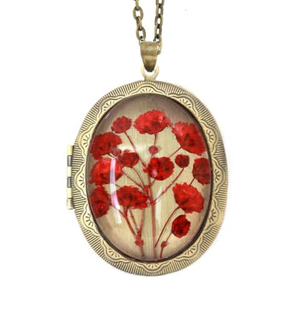Handmade Oval Shaped Photo Locket with dried Pressed Flowers Locket pendant Necklace - style: Red Baby's Breath
