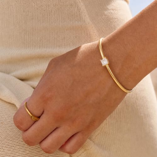 Gold Cuff Bracelets for Women, 14K Gold Plated Dainty Open CZ Cuff Bracelet Adjustable Stackable Open Bangle Bracelet Birthday Jewelry Gift for Her - color: Square CZ-Gold