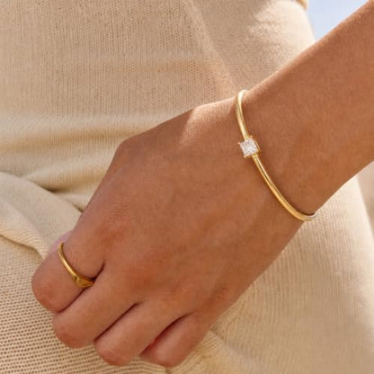 Gold Cuff Bracelets for Women, 14K Gold Plated Dainty Open CZ Cuff Bracelet Adjustable Stackable Open Bangle Bracelet Birthday Jewelry Gift for Her - color: Square CZ-Gold