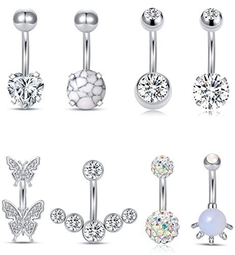 6-8-12PCS 14G 6-10mm Short Bar Tiny Heart Butterfly Evil Eye Devil Heart Snake Skull CZ Skull hand with Gem ball Stainless Steel Belly Button Rings Navel Rings for Women Barbell Eyebrow Body Piercing Jewelry - color: F:8Pcs(Skull hand with Gem Ball)