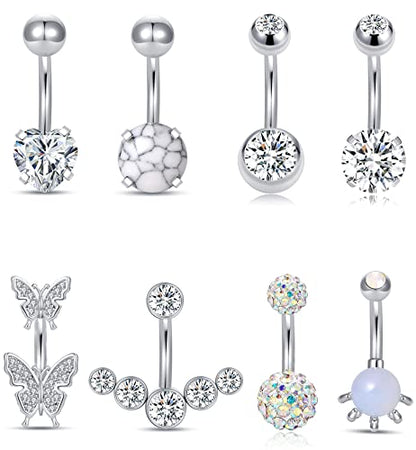 6-8-12PCS 14G 6-10mm Short Bar Tiny Heart Butterfly Evil Eye Devil Heart Snake Skull CZ Skull hand with Gem ball Stainless Steel Belly Button Rings Navel Rings for Women Barbell Eyebrow Body Piercing Jewelry - color: F:8Pcs(Skull hand with Gem Ball)