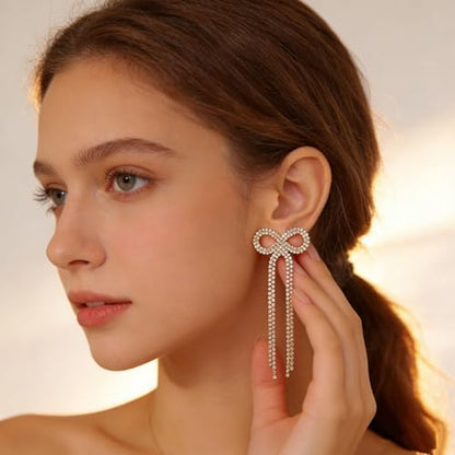 Rhinestone Earrings Dangling for Women Sparkly Silver Dangle Earrings Girls Long Chandelier Earrings Tassel Lightweight Ear Studs Cubic Zirconia (KE001S-W) - color: Bow 516286GL Gold Clear