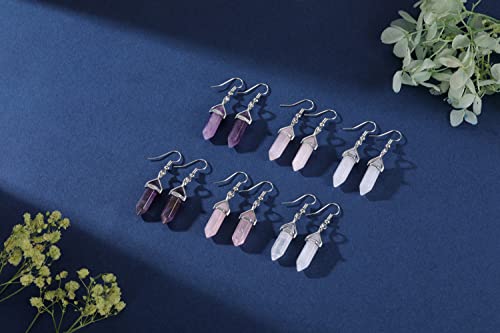 Jovivi 3Pairs Healing Crystals Earrings Sets for Women Natural Real Amethyst Rose Quartz Stone Healing Hexagonal Points Crystal Chakra Dangle Earrings - color: Style 1