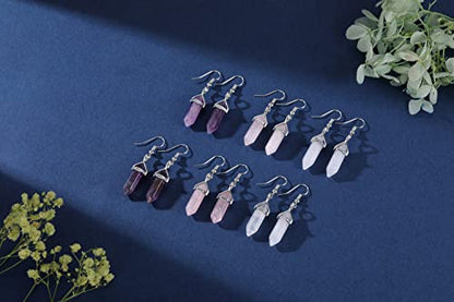 Jovivi 3Pairs Healing Crystals Earrings Sets for Women Natural Real Amethyst Rose Quartz Stone Healing Hexagonal Points Crystal Chakra Dangle Earrings - color: Style 1