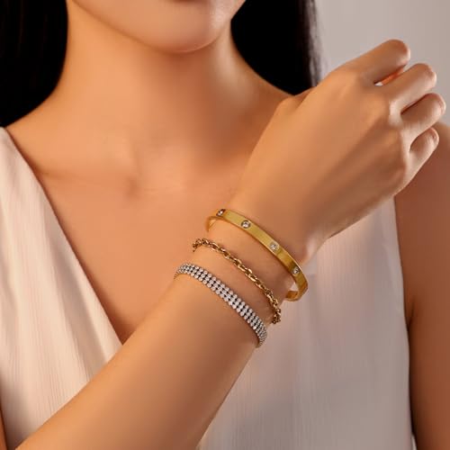 18K Gold Plated Bangle Bracelet Set for women,Cubic Zirconia Classic Stainless Steel Adjustable Gold Tennis Love Bracelets Stack for women and men - color: CZ Love Set