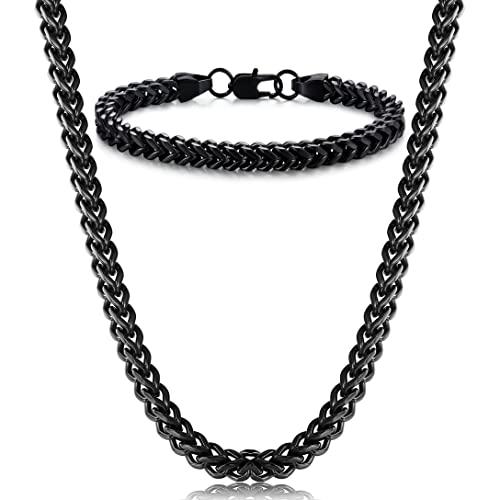 FIBO STEEL Stainless Steel Wheat Chain Necklace for Men Necklace Bracelet Jewelry Set 5mm in Width, 22" 8.5" - color: Black-tone