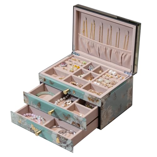 3-Tier Floral Glass Jewelry Box, Storage Organizer for Women | Decorative butterfly design, velvet interior, holds earrings, necklaces, bracelets and ring - color: Blue, size: 3-layer