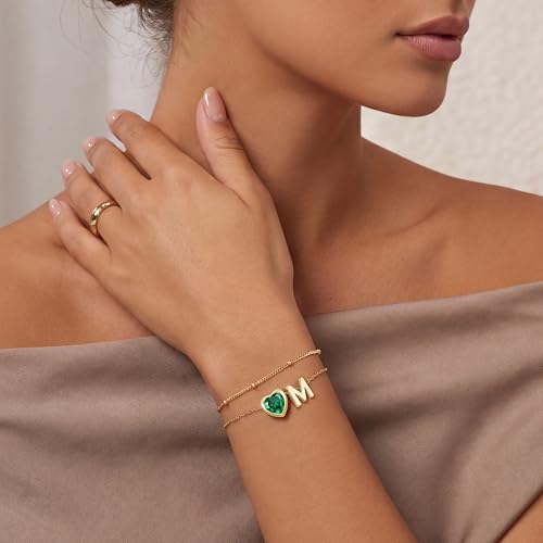 14K Gold Plated Heart Initial Birthstone Gold Bracelets for Women | Dainty Heart Letter A-Z Charm Layered Bracelets Birthday Trendy Jewelry Gifts for Women - color: D