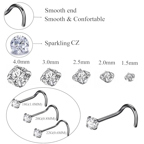 316L Surgical Steel 22g/20g/18g Nose Rings Studs L-Shape Nose Nostrial Piercing Body Jewerly L Shaped Nose Studs 1.5mm 2mm 2.5mm 3mm CZ Nose Screw Studs Rings for Women - style: 6pcs/Screw20g/4.0mm Clear CZ/Black