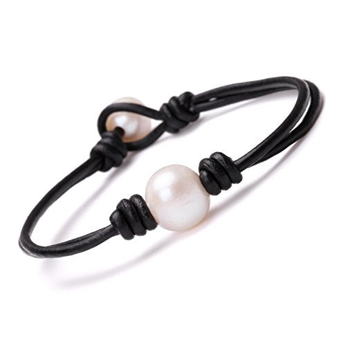 Single Cultured Freshwater Pearl Bracelet Handmade Leather Pearl Jewelry for Women 7'' - style: 7'' Black