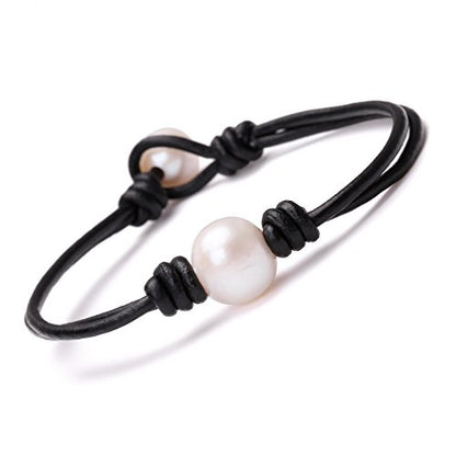 Single Cultured Freshwater Pearl Bracelet Handmade Leather Pearl Jewelry for Women 7'' - style: 7'' Black