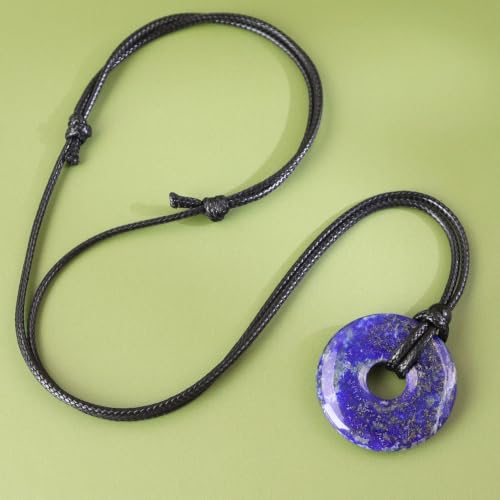 Anjiucc Natural Gemstone Pendant Necklce Lucky Coin Crystal Necklace Donut Pendnat with Adjustable Rope Healing Crystal for Men - color: Lapis Lazuli
