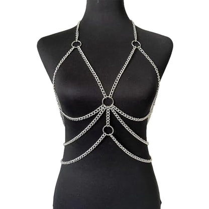 Simple Metal Chunky Bra Body Chain Jewelry Sexy Crossover Harness Chest Chain Summer Beach Bikini Multi-layered Waist Chain Body Jewelry for Women - color: Silver