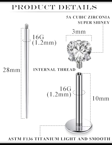 20G 18G 16G Astm F136 Titanium Internal Thread Flat Back Earrings Nose Studs Tragus Helix Conch Cartilage Lobe Earrings Medusa Labret Snake Bite Monroe Lip Ring Piercing Jewelry For Women Men - color: Clear, size: 16G-10MM Bar-CZ 3MM